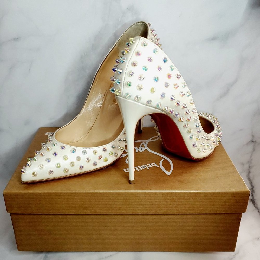 Christian Louboutin White Follies Spike Studded 100 Patent Leather Pumps